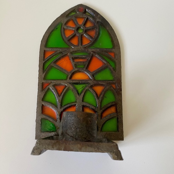 Vintage Cast Iron Stained Glass Mosaic Gothic Window Shaped Taper Candleholder - Picture 3 of 8